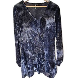 Sno Skins Tunic Top Womens Medium Velvet Burnout Ruffle Front V-Neck Blue Gray